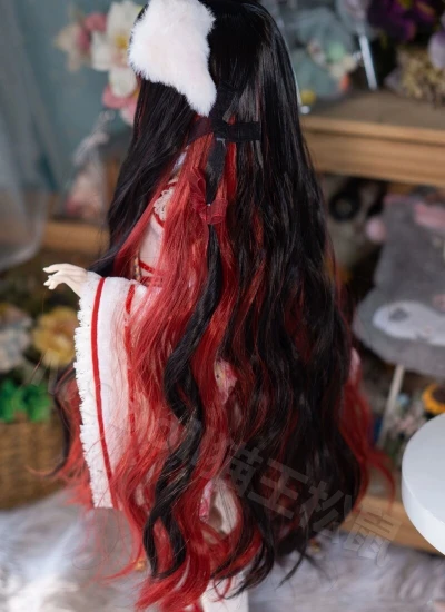 ドール用ウィッグ ロングパーマ  レッド+ブラック 女の子 YOSD/MSD/SDサイズ 球体関節人形用 BJD用