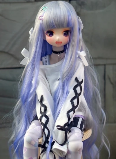 ドール用ウィッグ ロングパーマ  グレー+ブルー 女の子 YOSD/MSD/SDサイズ 球体関節人形用 BJD用