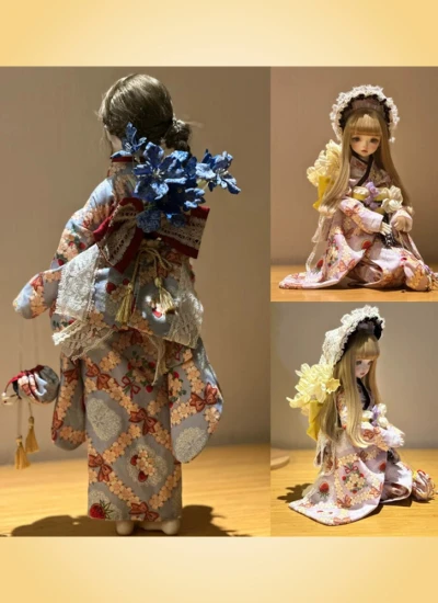 ドール用服 和服 着物セット「椿，紅袖/紫藤夢乃/鸢尾涙」ブラック/パープル/ブルー 40-44cm通用 MSDサイズ人形用 女の子用 球体関節人形 BJDDOLL