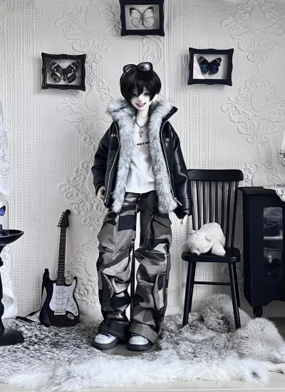 ドール用服 洋服【冷雾街区】レザー 綿ジャケット 中性風 迷彩ズボン ダブルファーカラー 男女通用 1/4 MSDサイズ人形用 BJD