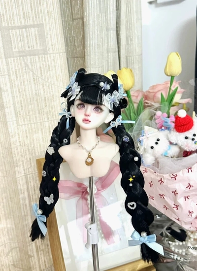 ドール用ウィッグ  ツインテール パーマヘア ミルク絲  ブラック  YOSD/MSD/小顔SD/SDサイズ用 BJD用