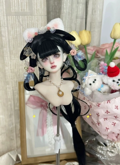 ドール用ウィッグ  ツインテール パーマヘア ミルク絲  ブラック  YOSD/MSD/小顔SD/SDサイズ用 BJD用