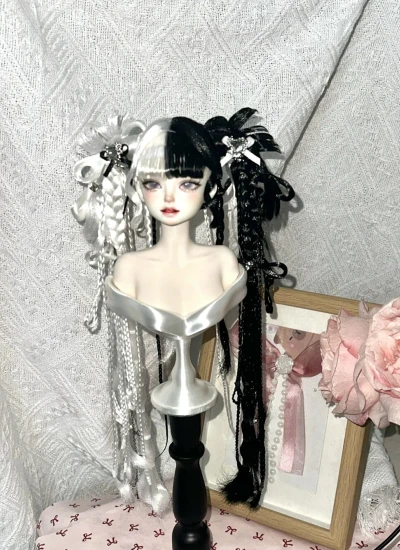 ドール用ウィッグ  ツインテール  パーマヘア ミルク絲  ブラック*ホワイト  YOSD/MSD/小顔SD/SDサイズ用 BJD用