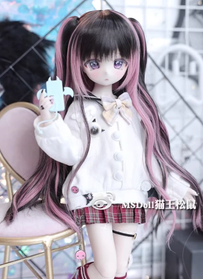 BJDドール用ウィッグ 高温糸 ブラック/ピンク/レッド/紫 色合せ MSDサイズ人形用