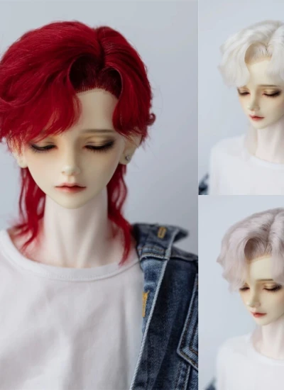 BJD ドール用 ウィッグ ミディアムタイプパーマ 定型ウィッグ ワインレッド/ホワイト/ブルー/灰白色　SD/小顔SD/MSDサイズ人形用