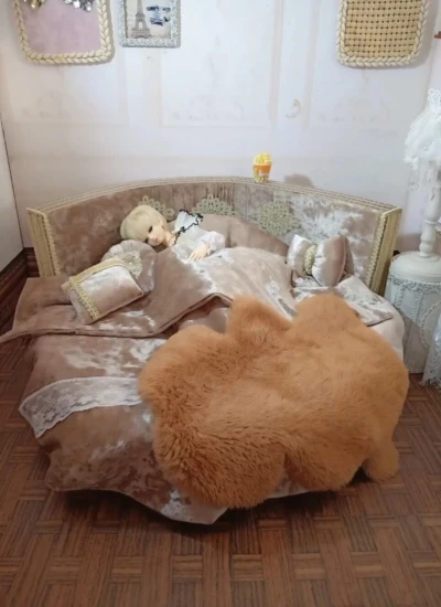 BJDドール用 インテリア 家具 円形ベッド ラウンドベッド ベージュ 7点セット 撮影道具 1/4、MSDサイズ人形用【瞳画】