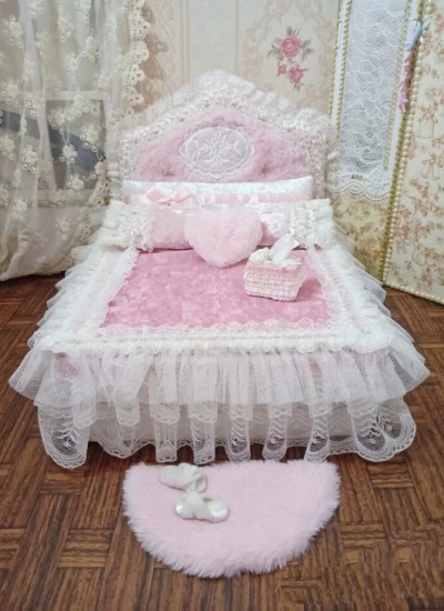 BJDドール用 インテリア 家具 プリンセスベッド バービー風 ベッド10点セット ピンク 撮影道具 1/6、1/4、1/3サイズ人形用【瞳画】