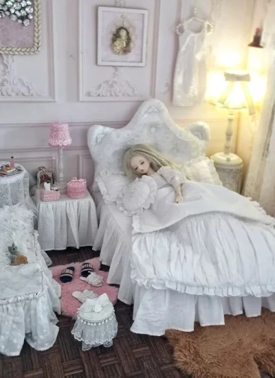 BJDドール用 インテリア 家具 プリンセスベッド 姫系 ベッド7点セット ホワイト 撮影道具 1/4サイズ人形用 【瞳画】