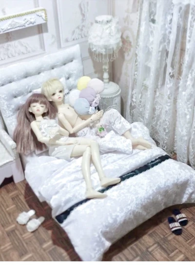 BJDドール用 インテリア 家具 ベッド 7点セット ホワイト 撮影道具 1/4、MSDサイズ人形用【瞳画】