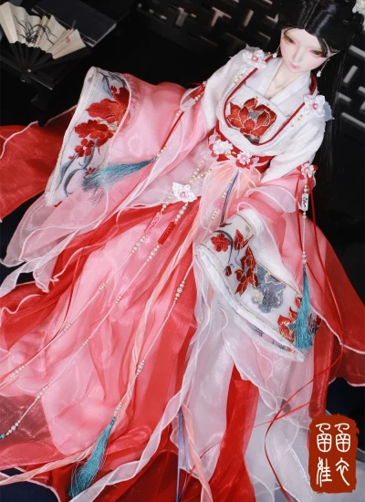 ドール用服 時代服 漢服 刺繍  レッド 女の子用 MSD/SD/SD16サイズ人形用 BJD用 绯烟