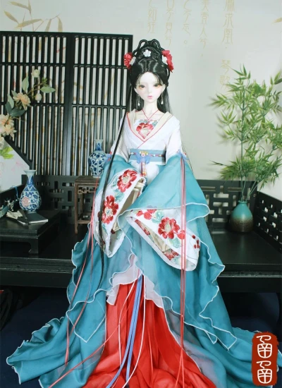 ドール用服 時代服 漢服 刺繍  ブルー 女の子用 MSD/SD/SD16サイズ人形用 BJD用 怜芸