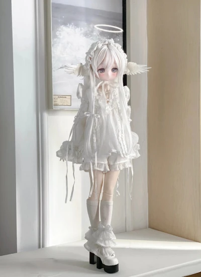 即納 ドール用服 「天使逃逸」セットアップ 洋服 ホワイト  CharmDoll2代ボディ/MDD/kumakoサイズ 球体関節人形用 BJD用