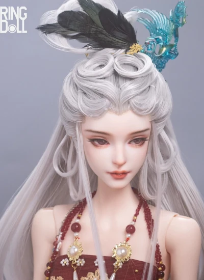 ドール用ウィッグ+髪飾り  ホワイト 雲夢録ー玄女 Xuan Nv  頭囲20.5cm 球体関節人形 BJD