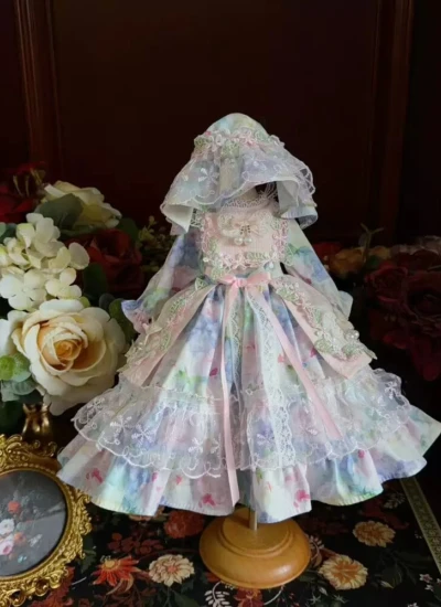 ドール用服 洋服 ワンピース【雲涧花染】髪飾り付き ロリータ風 花柄 女の子用 15cm/20cm/40cm/Blythe/YOSD/MSD/SDサイズ人形用