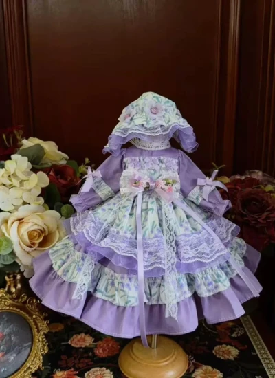 ドール用服 洋服 ワンピース【紫雾花甸】髪飾り付き ロリータ風 花柄 女の子用 15cm/20cm/40cm/Blythe/YOSD/MSD/SDサイズ人形用