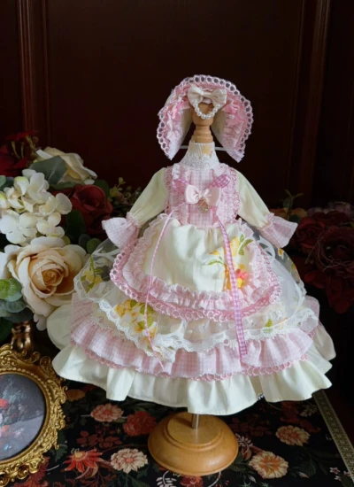 ドール用服 洋服 ワンピース【粉篱花信】髪飾り付き ロリータ風 花柄 ピンク 女の子用 15cm/20cm/40cm/Blythe/YOSD/MSD/SDサイズ人形用