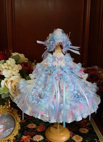 ドール用服 洋服 ワンピース【海雾花碎】髪飾り付き ロリータ風 花柄 水色 女の子用 15cm/20cm/40cm/Blythe/YOSD/MSD/SDサイズ人形用