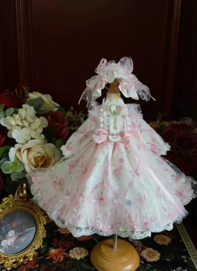 ドール用服 洋服 ワンピース【桃雲花筵】髪飾り付き ロリータ風 花柄 ホワイトピンク 女の子用 15cm/20cm/40cm/Blythe/YOSD/MSD/SDサイズ人形用