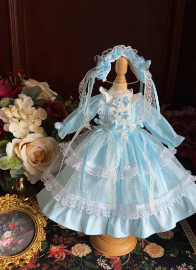 ドール用服 洋服 ワンピース【蓝檐星夢】髪飾り付き ロリータ風 水色 女の子用 15cm/20cm/40cm/Blythe/YOSD/MSD/SDサイズ人形用