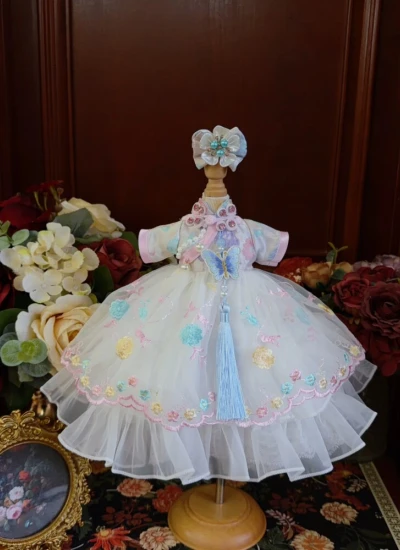 ドール用服 洋服 ワンピース【雲間蝶絮】髪飾り付き チャイナ風 ロリータ風 ホワイト 女の子用 15cm/20cm/40cm/Blythe/YOSD/MSD/SDサイズ人形用