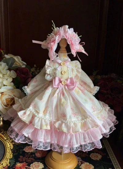 ドール用服 洋服 ワンピース【桃绯花珠】髪飾り付き ロリータ風 ピンク 花柄 女の子用 15cm/20cm/40cm/Blythe/YOSD/MSD/SDサイズ人形用