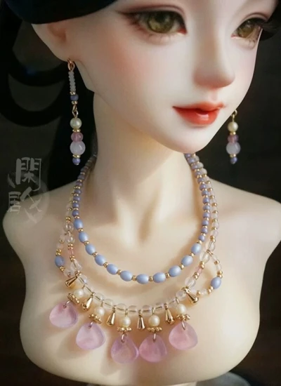 ドール用アクセサリー ｢璎珞｣ ネックレス＋イヤリング ピンク 1/3サイズ SDサイズ人形通用 BJD