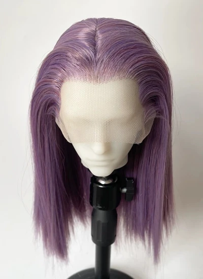 ドール用ウィッグ ミディアムロング ストレート ベースウィッグ 高温糸 スリーピーク ハンドメイドレース ラウンドカット パープルミックス SDサイズ人形用 BJD用