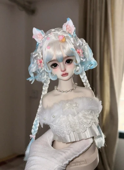 ドール用ウィッグ  パーマヘア ミルク絲 グラデーション ホワイト*ブルー  YOSD/MSD/小顔SD/SDサイズ用 BJD用