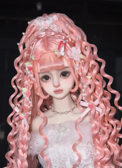 ドール用ウィッグ   ロングパーマヘア ミルク絲  ピンク  YOSD/MSD/小顔SD/SDサイズ用 BJD用