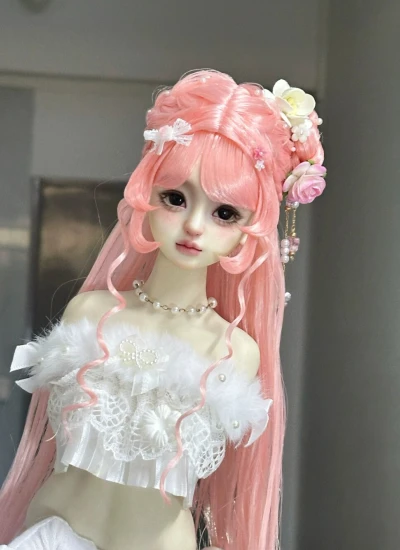 ドール用ウィッグ   ロングパーマヘア ミルク絲  ピンク  YOSD/MSD/小顔SD/SDサイズ用 BJD用