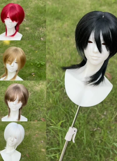ドール用ウィッグ ストレート ウルフヘア ショート ベースウィッグ 高温糸 ブラック/ホワイト/ブラウン/レッド 小顔SD/SDサイズ人形用 BJD用