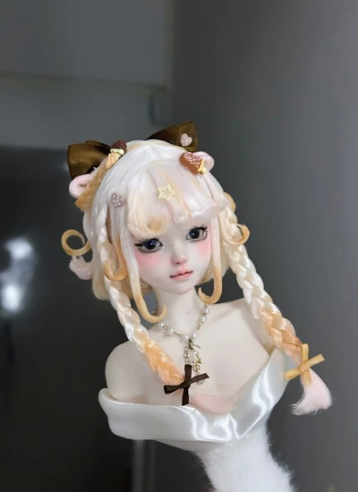 ドール用ウィッグ ｢チョコレートガール｣ クラゲヘア ショート 内巻き カール 少女風 リボン YOSD/MSD/小顔SD/SDサイズ用 BJD用