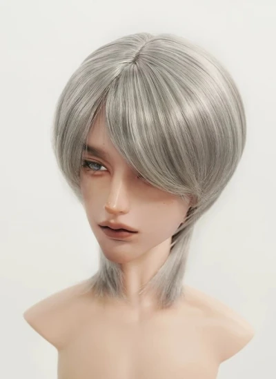 BJD ドール用ウィッグ ショートストレート ベースウィッグ ウルフカット 柔らかい糸 シルバーグレー SDサイズ人形用