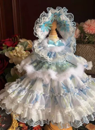 ドール用服 洋服 ワンピース【雾蓝雏菊】髪飾り付き 花柄 ブルー 女の子用 15cm/20cm/40cm/Blythe/YOSD/MSD/SDサイズ人形用