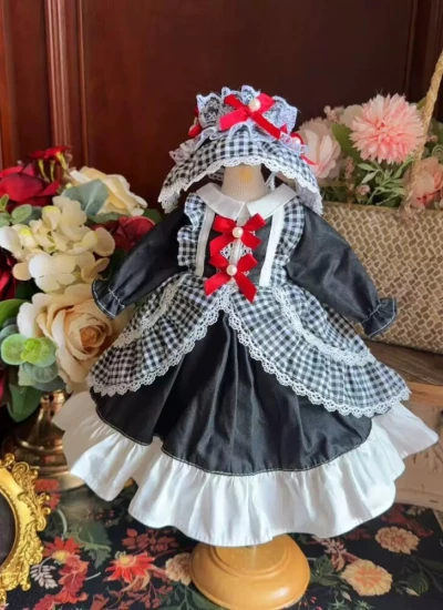 ドール用服 洋服 ワンピース【复古莓果】髪飾り付き チェック柄 ブラックレッド 女の子用 15cm/20cm/40cm/Blythe/YOSD/MSD/SDサイズ人形用