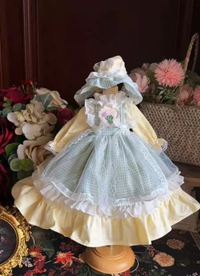 ドール用服 洋服 ワンピース【青格雏卉】チェック柄 髪飾り付き 水色 ブルー 女の子用 15cm/20cm/40cm/Blythe/YOSD/MSD/SDサイズ人形用