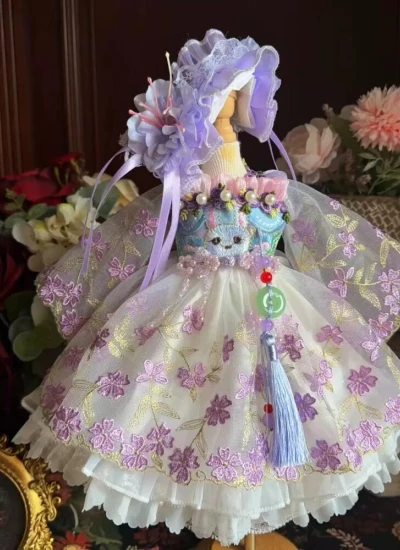 ドール用服 洋服 ワンピース【紫瑶仙兔】髪飾り付き 花柄 パープル 刺繍 女の子用 15cm/20cm/40cm/Blythe/YOSD/MSD/SDサイズ人形用