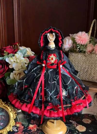ドール用服 洋服 ワンピース【血色庄园】髪飾り付き ブラックレッド 女の子用 15cm/20cm/40cm/Blythe/YOSD/MSD/SDサイズ人形用