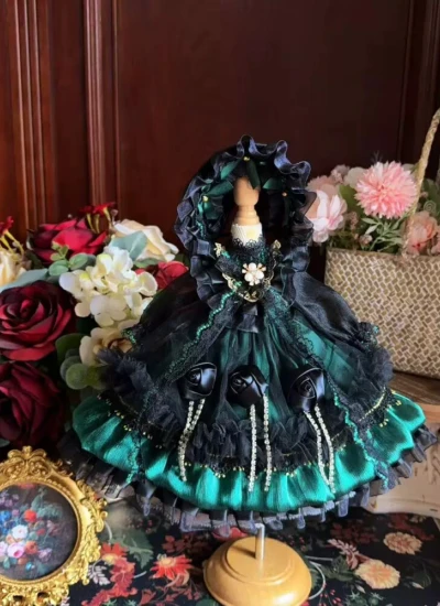 ドール用服 洋服 ワンピース【墨绿荆棘】髪飾り付き ブラックグリーン 女の子用 15cm/20cm/40cm/Blythe/YOSD/MSD/SDサイズ人形用