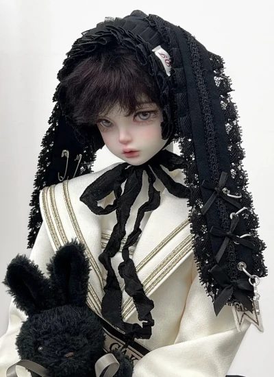 即納 ドール用帽子 レースウサギ耳帽子 垂れ耳 ウサギ ブラック/ホワイト SDサイズ人形用 BJD用