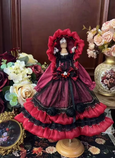ドール用服 洋服 ワンピース 髪飾り付き レッド+ブラック 女の子用 15cm/20cm/40cm/Blythe/YOSD/MSD/SDサイズ人形用