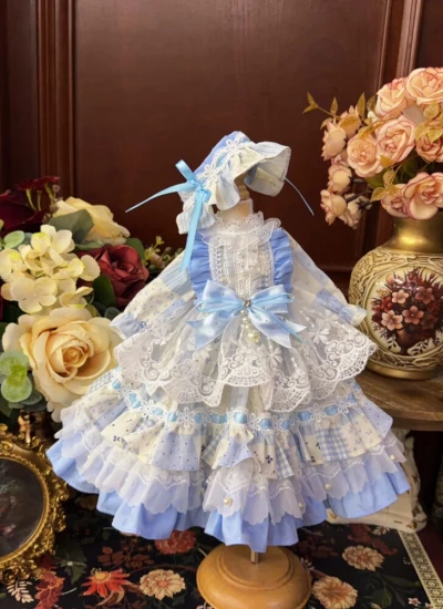 ドール用服 洋服 ワンピース 髪飾り付き ホワイト+ブルー 女の子用 15cm/20cm/40cm/Blythe/YOSD/MSD/SDサイズ人形用