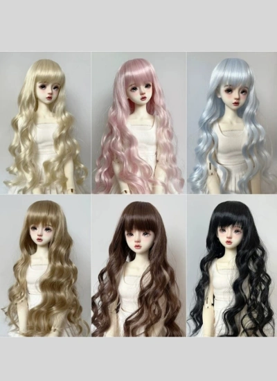 ドール用ウィッグ ロングヘアー カール ぱっつん前髪 高温糸 ブルー ピンク ブラウン ブラック MSD/SDサイズ人形用 BJD人形用