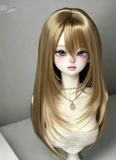 ドール用ウィッグ ロングヘアー ストレート 前髪 ミルクティーブラウン ハイレイヤーウィッグ 高温糸  YOSD/MSD/SDサイズ人形用 BJD人形用