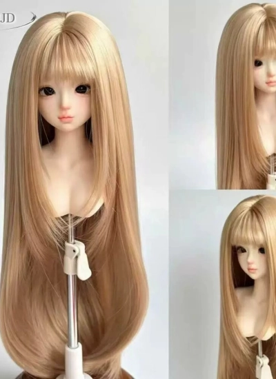 ドール用ウィッグ ロングヘアー ストレート 前髪 ミルクティーブラウン ハイレイヤーウィッグ 柔らかい高温糸  YOSD/MSD/SDサイズ人形用 BJD人形用