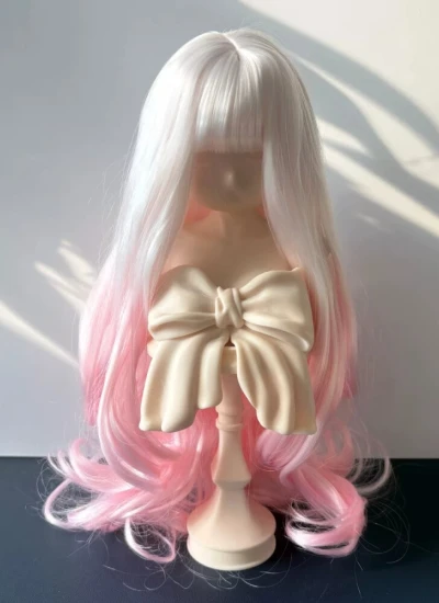 ドール用ウィッグ ロングヘアー カール ぱっつん前髪 柔らかい糸 ホワイトピンク グラデーション YOSD/MSD/SDサイズ人形用 BJD