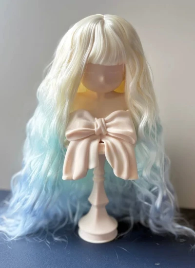 ドール用ウィッグ ロングヘアー ラムカール ぱっつん前髪 カラフル 柔らかい糸 イエロー グリーン ブルー グラデーション YOSD/MSD/SDサイズ人形用 BJD