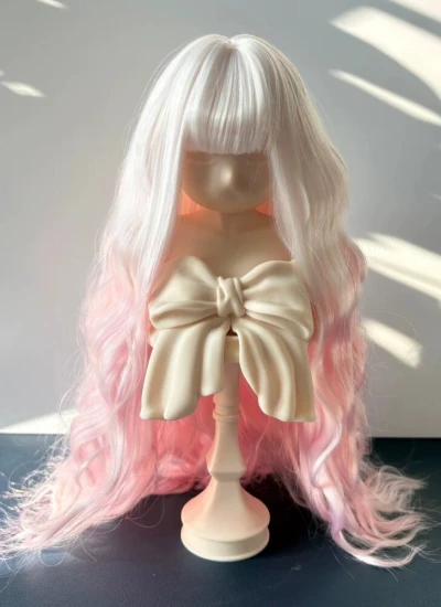ドール用ウィッグ ロングヘアー ラムカール ぱっつん前髪 柔らかい糸 ホワイト＋ピンク グラデーション YOSD/MSD/SDサイズ人形用 BJD