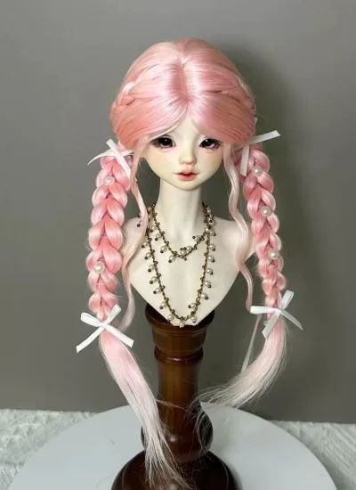 ドール用ウィッグ スイート フィッシュボーン ツインテール 二つ編み モヘア材質 ピンク色 女の子用 YOSD/MSD/SDサイズ 球体関節人形用 BJD用