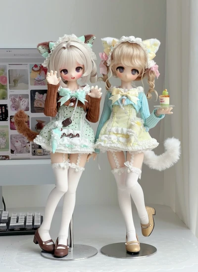ドール用服 猫耳メイド服 ピンク レッド ミント イエロー MSDサイズ用 BJD用【夢星辰】
